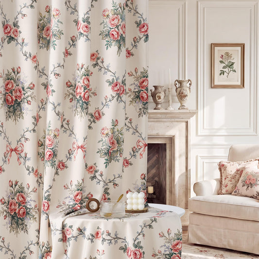StangH French Country Rose Floral Velvet Curtains, Cream Shabby Chic Ribbon Bow Printed Window Drapes Romantic Privacy Panels for Girls Room Nursery, W52 x L84, 2 Panels