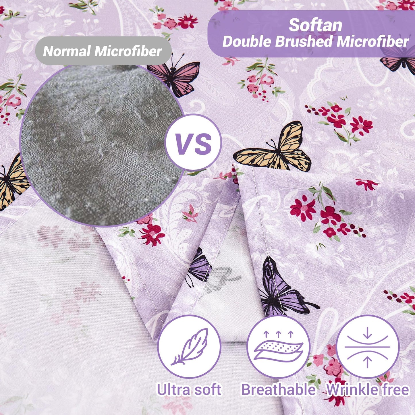 Softan Floral King Bed Sheets, Purple Paisley Flower Printed Sheet Set - Brushed Microfiber King Fitted Sheet with 15" Deep Pocket and Corner Straps, Butterfly Patterned Sheet & Pillowcase Sets