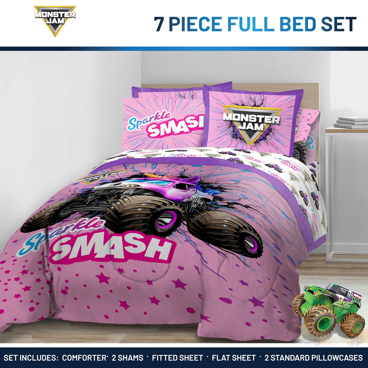 Jay Franco Kids Bed Set, Pink, Monster Jam, 7 Piece Full