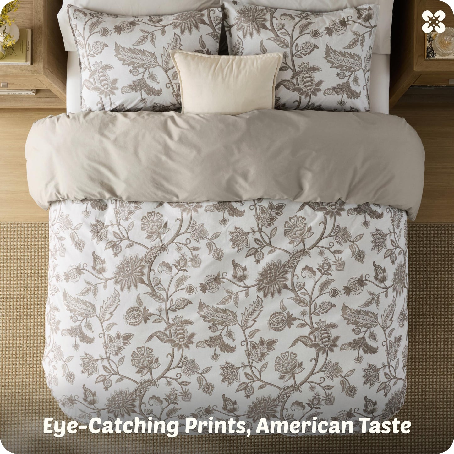 Bedsure Floral Duvet Cover Queen Size - 100% Cotton Reversible Entwined Vines Pattern Duvet Cover Set, 3 Pieces Soft & Breathable PureWoven Bedding Set with 2 Pillow Shams (Linen Vines, 90"x90")