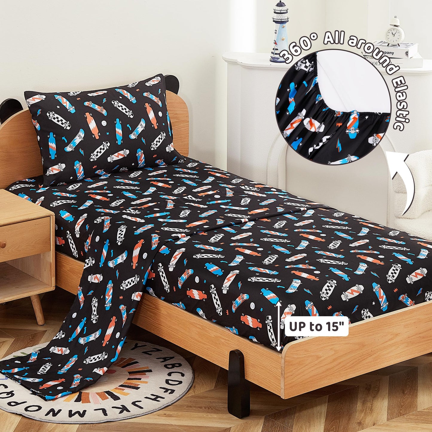 Viviland 3 Pieces Boys Black Twin Sheet Set - Soft Microfiber Fitted Flat Sheets & Pillowcase Bed Sheet Set - Cool Skateboard Bedding Sets for Kids