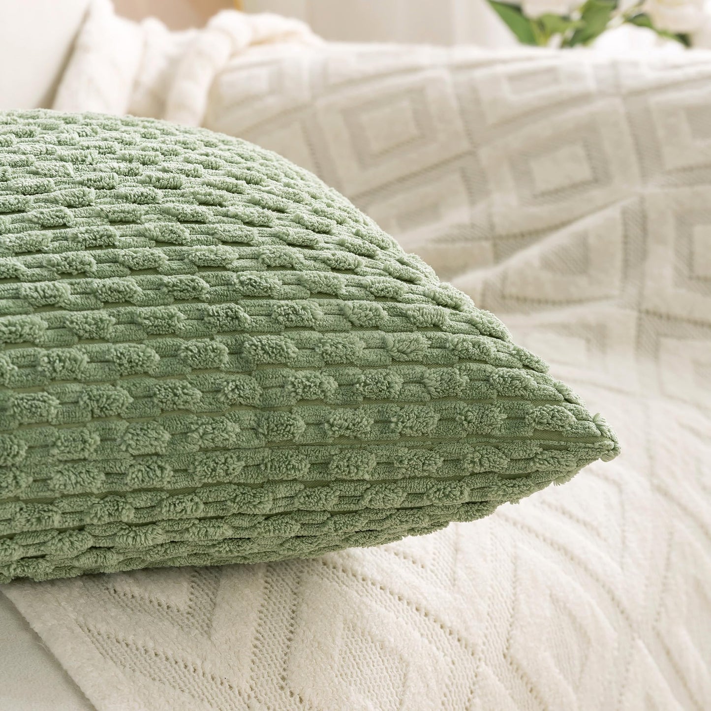 Cozoomy Set of 4 Sage Green Decorative Throw Pillow Covers 18x18 Inch Corduroy Pillow Covers for Bed Couch Sofa Living Room Soft Square Cushion Cases