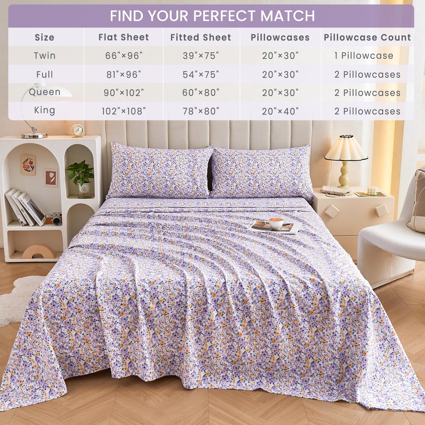 Mooreeke Floral Twin 3 Pieces Bed Sheets, Soft Microfiber Bedding Sheets & Pillowcases, Deep Pocket Non-Slip Vintage Twin Sheet, Purple Yellow Flower Pattern Bedsheets