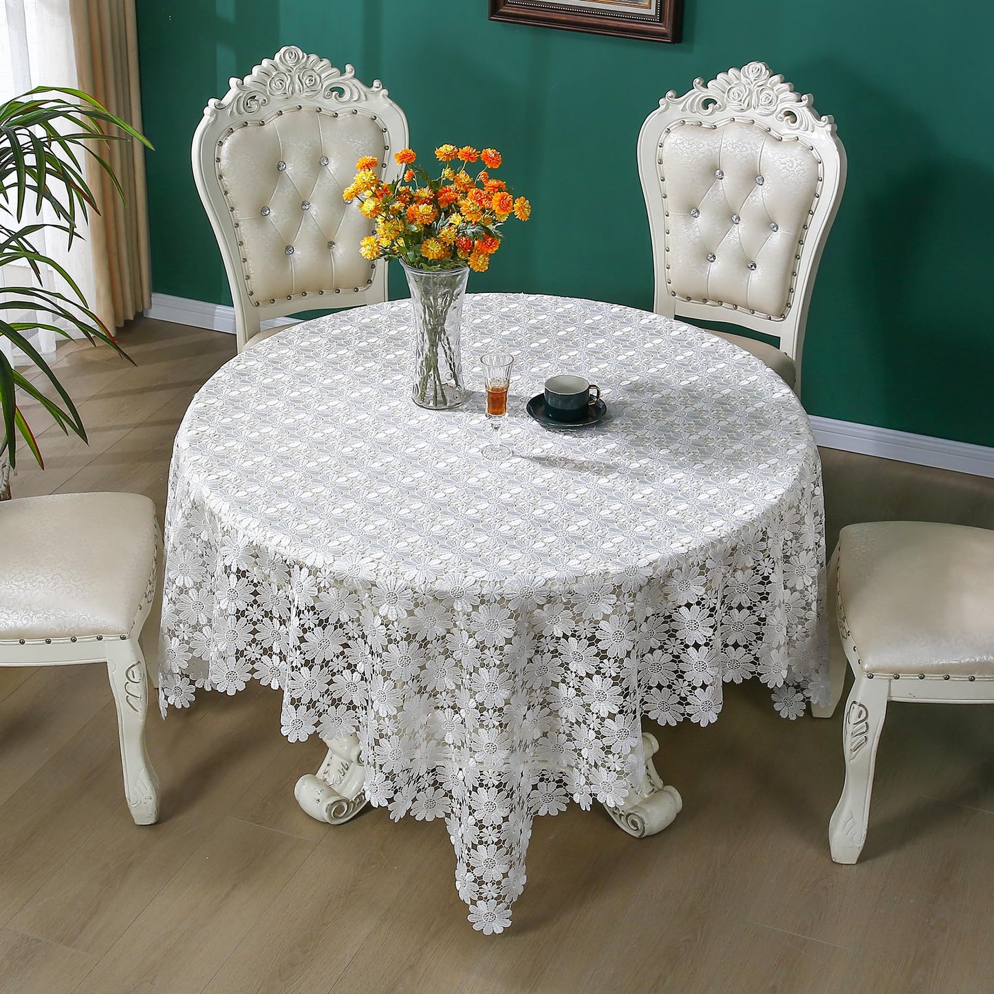 Crochet Tablecloth Farmhouse Lace Table Cloth Rustic Jacquard White Fabric Sheet Picnic TableCover Small for Round/Circular or Square Table Outdoor Holiday Wedding Birthday Party Fall/Winter/Christmas