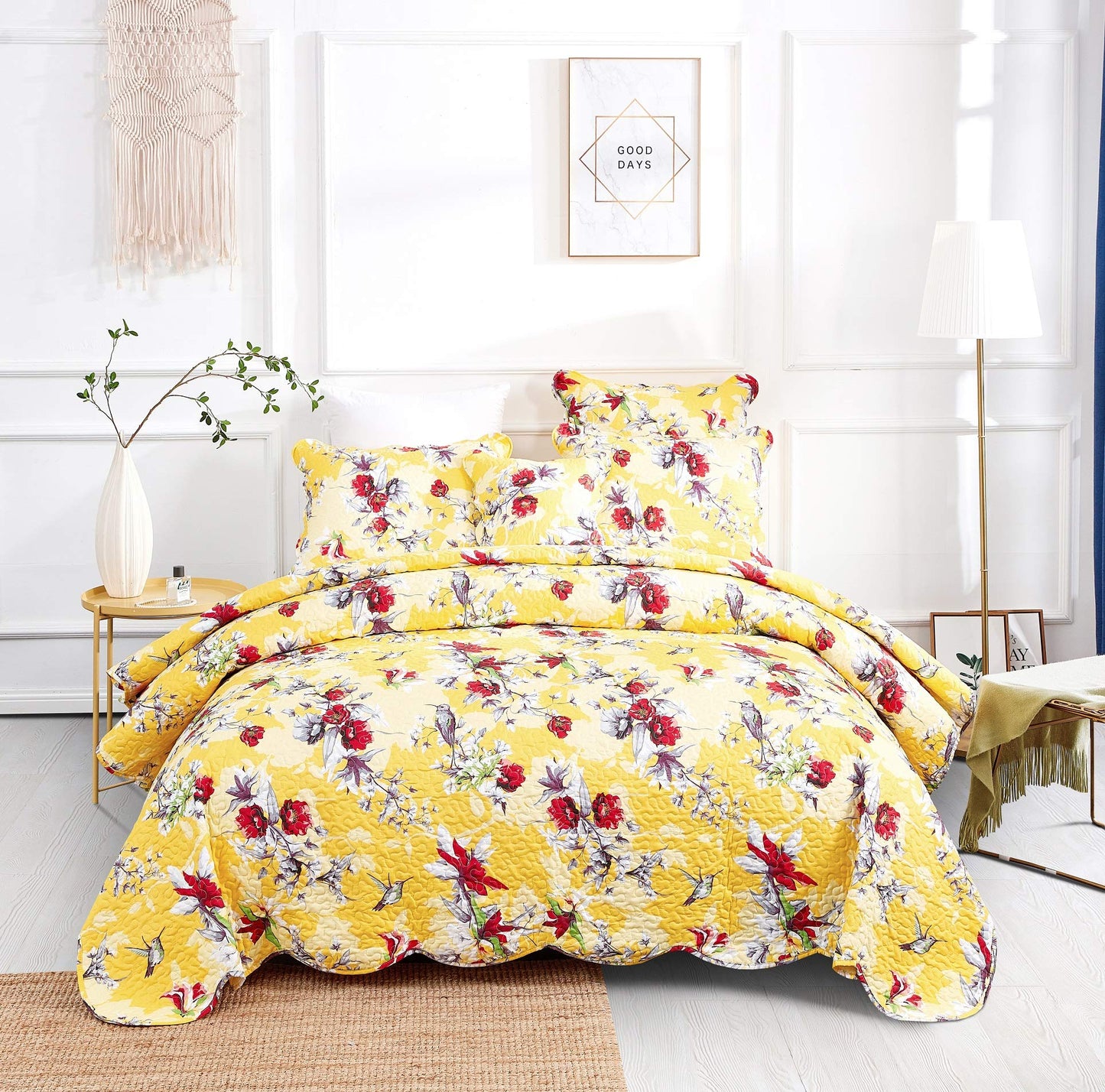 DaDa Bedding Radiant Sunshine Yellow Floral Bedspread Set - Hummingbirds Farmhouse Red Flowers Garden Quilted Coverlet - Scalloped Edges Bright Vibrant Multi-Colorful - Queen - 3-Pieces