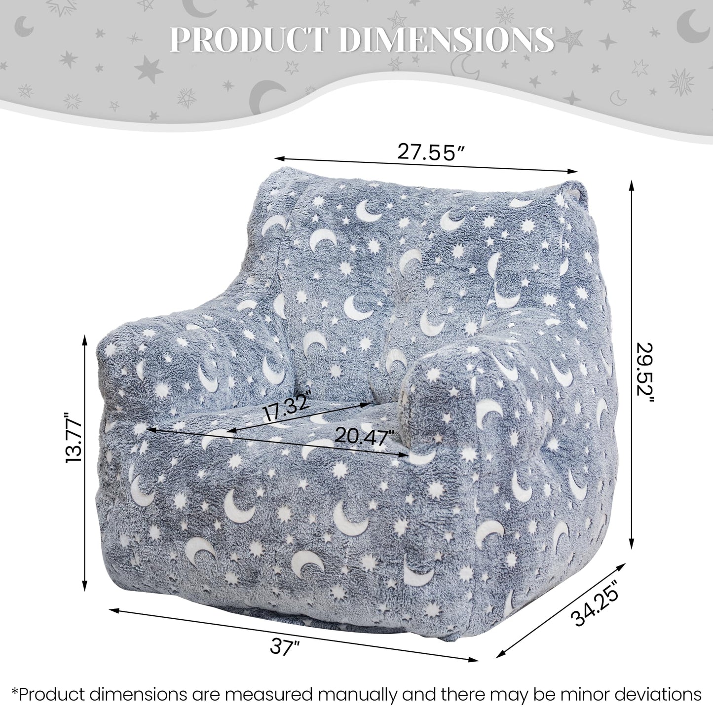 LinkRomat Bean Bag Chairs, Faux Fur BeanBag Chair with Memory Foam for Bedroom, Living Room, Reading, Adults - Grey - Star - Glow in The Dark