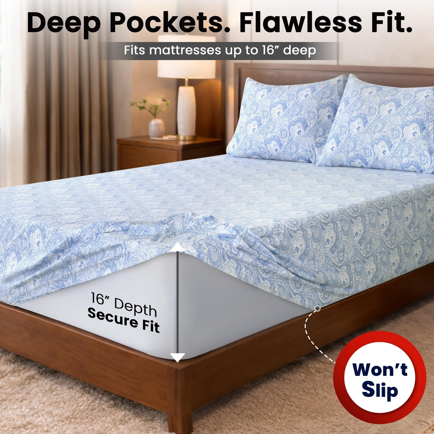 Ultra Soft Wrinkle-Free Microfiber Paisley Twin XL Sheet Set, Cute Floral Pattern Boho Print – 16" Deep Pocket Fitted Sheet, Flat Sheet & 2 Pillowcases, Breathable, OEKO-TEX - White/Blue