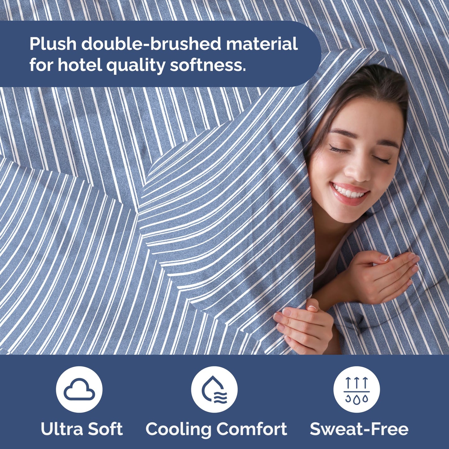 Duvet Cover Queen Size Set - Extra Soft Queen Duvet Cover 90" x 90" with 2 Pillow Shams - Hotel Luxury, Easy Care & Fade Free with Zipper Closures & Ties - Comfy, Cozy and Breathable (Blue Stripes)