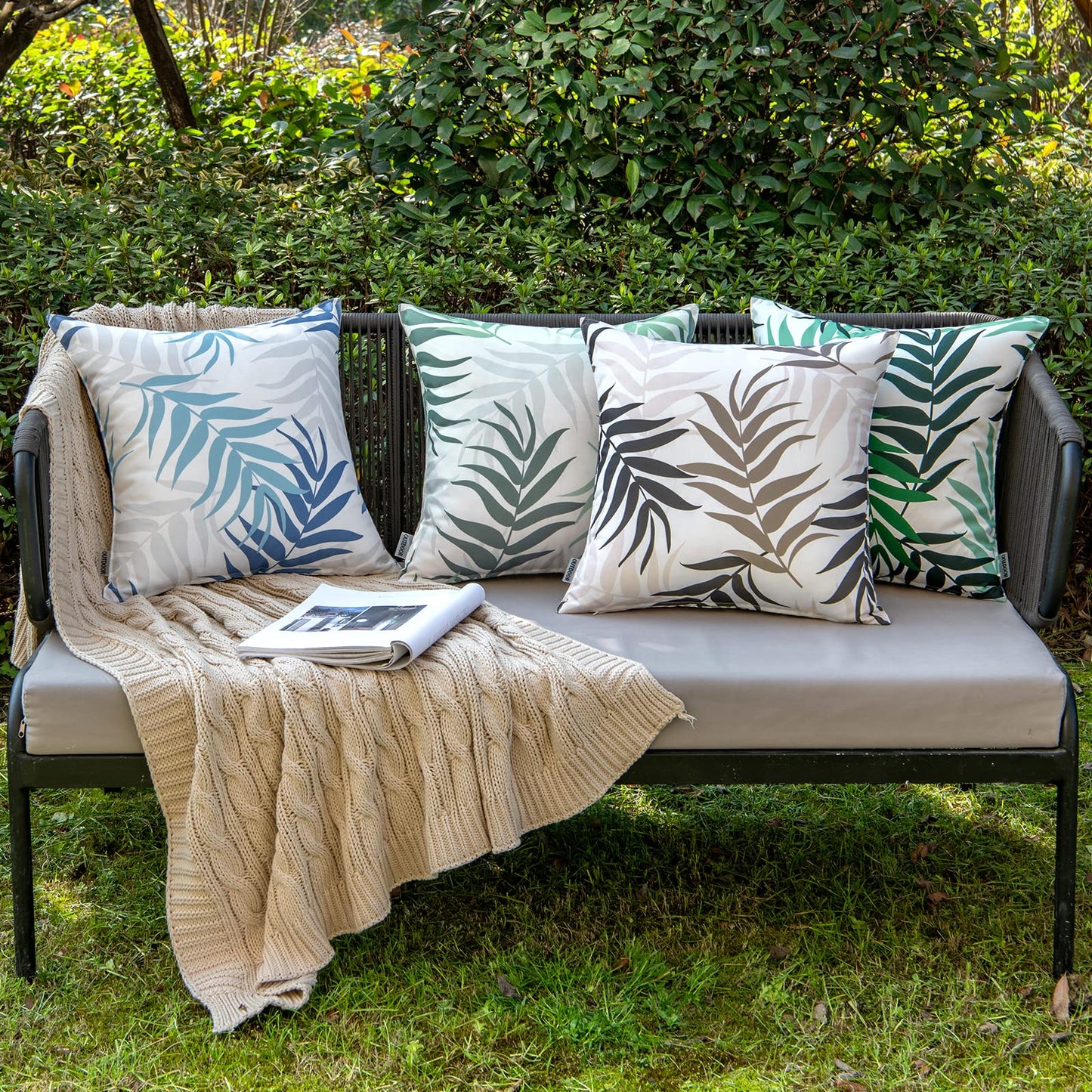 MIULEE Pack of 2 Decorative Outdoor Waterproof Throw Pillow Covers Patio Pillow Cases Natural Leaves Pattern Spring Square Cushion Shams Shell for Garden Balcony Couch 18x18 Inch, Coffee Brown