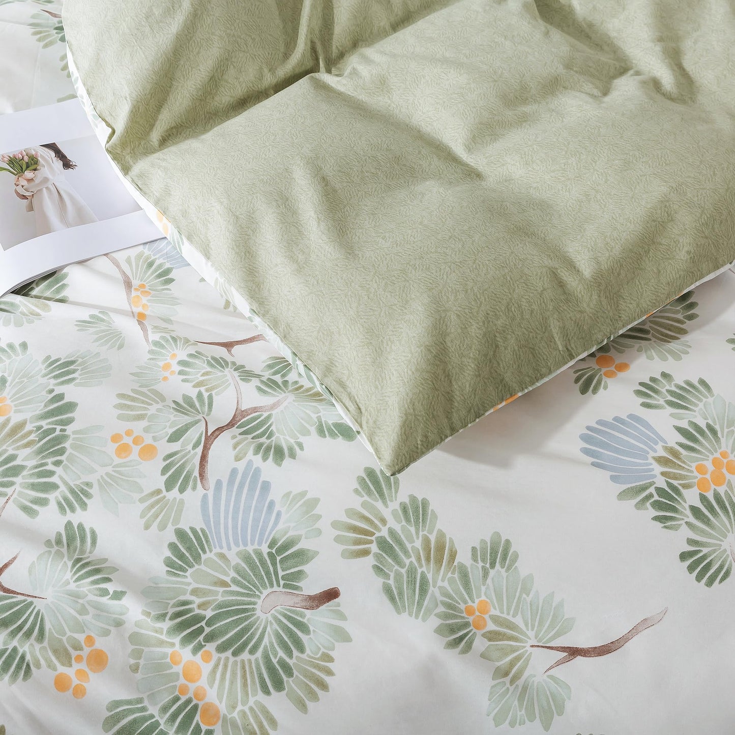 HoneiLife Duvet Dover Queen Size - 100% Cotton Comforter Cover Botanical Bedlinen Set with Zipper Closure & Corner Ties, 3-PC Forest Comforter Cover Sets