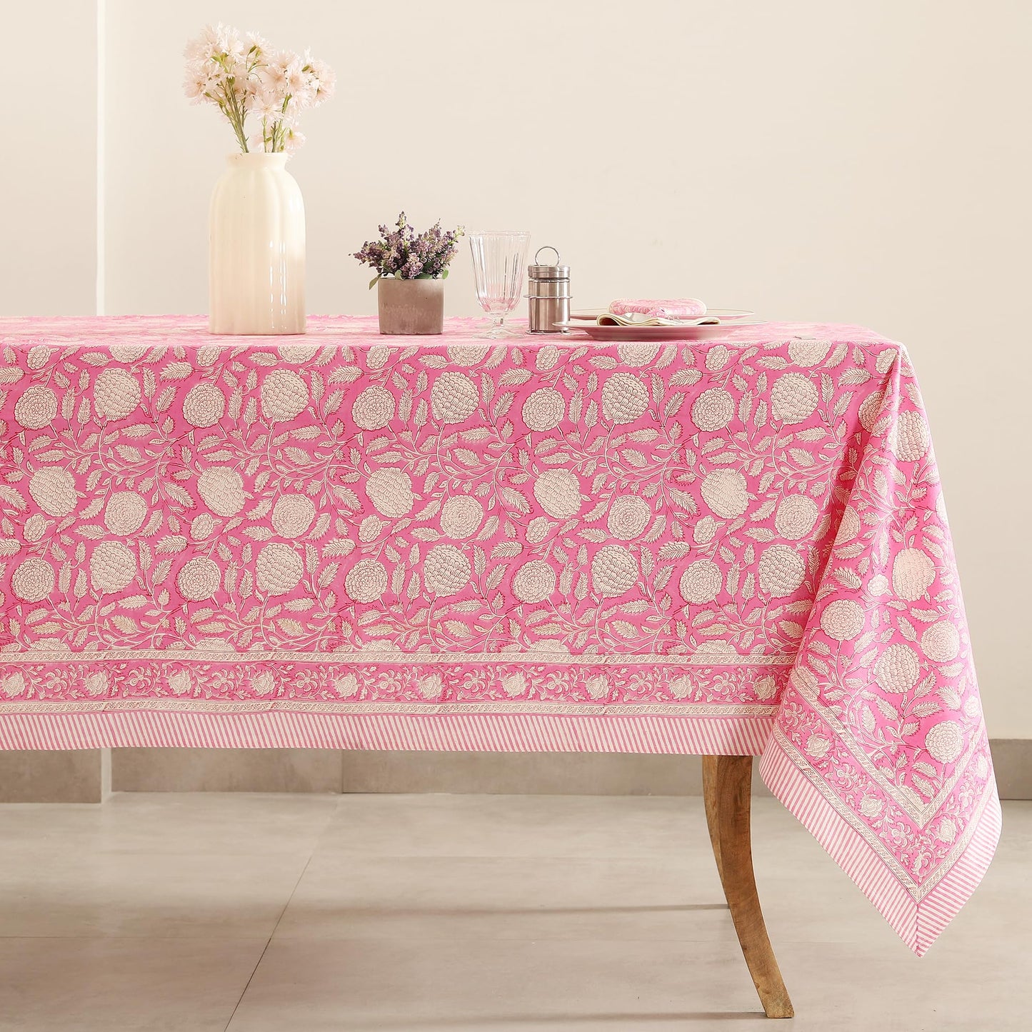 Labhanshi Indian Handblock Print Pre-Washed Cotton Floral 60x90 Inch Rectangle 6-Seater Tablecloth|Rustic Farmhouse Decorative Party Event Wedding Mother's Day Festive Holiday Decor|Hot Pink