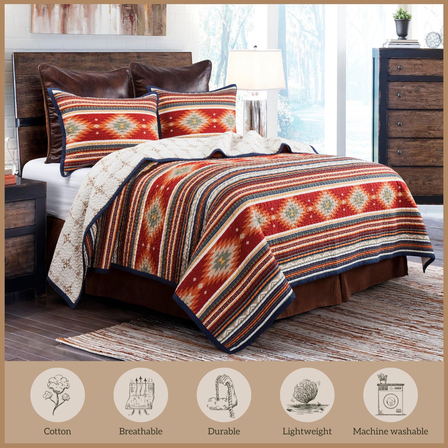 Paseo Road Del Sol Queen Quilt Set, 3 Piece Rustic Western Bedding Set with Pillow Sham, Lightweight Reversible Cotton Quilt with Southwestern Aztec Pattern, Soft Breathable Cozy Boho Bedding