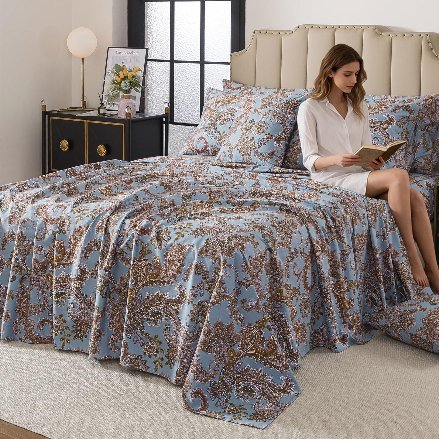 FADFAY King Sheet Set, Vintage Blue Paisley 4-Piece 100% Cotton Bed Sheets, Soft & Breathable Deep Pocket Fitted Sheet, Classic Elegant Style for All Seasons
