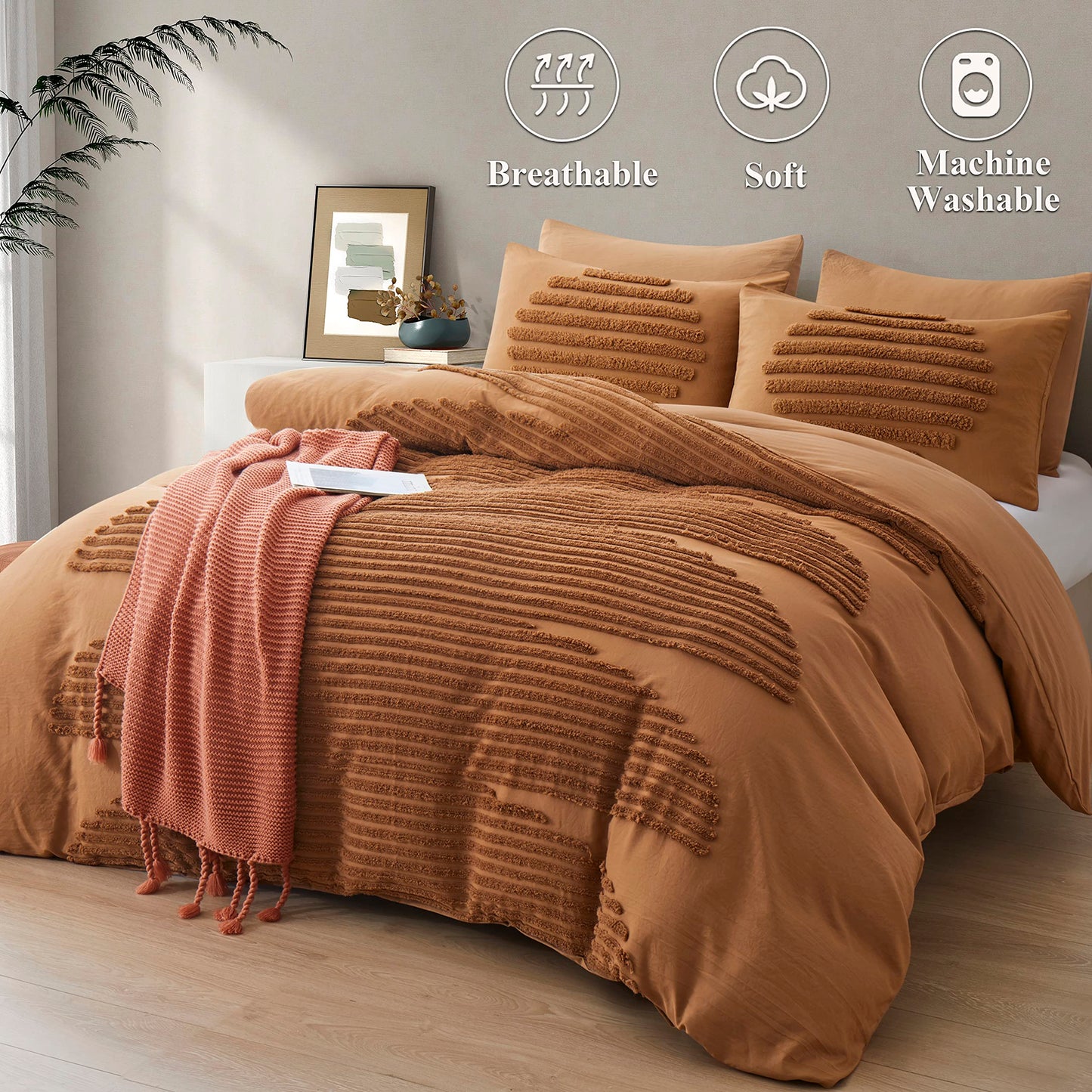 BEDAZZLED Queen Size Duvet Cover, 5 Pieces Pumpkin Brown Textured Duvet Cover Sets, Soft and Breathable Boho Tufted Bedding Comforter Cover Set for Gifts, Comforter Not Included (Pumpkin Brown, Queen)