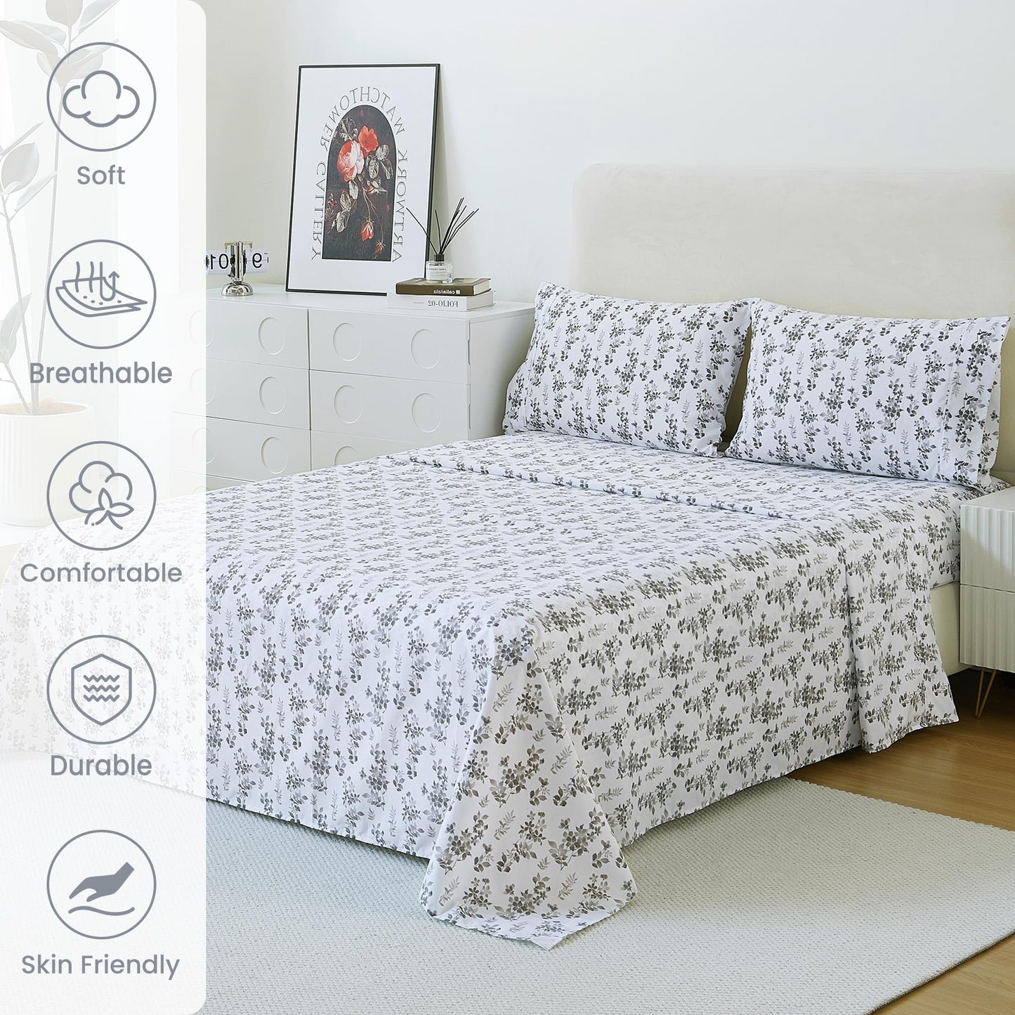 Mooreeke Cozy Vintage Microfiber Printed Queen Sheet Set - Soft Breathable Percale Cotton Floral Bed Sheets with Deep Pocket - Non-Slip Fitted Design - Gradient Grey Small Flowers Pattern