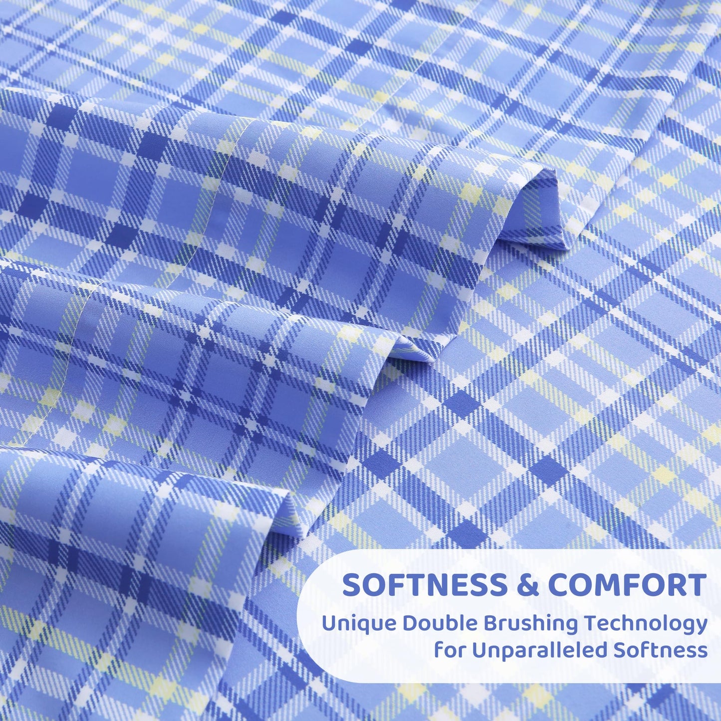 Mooreeke Cozy Plaid Microfiber Printed Queen Sheet Set - Soft & Breathable Purple Yellow Plaid Bed Sheets with Extra Deep Pocket - Non-Slip Fitted Design - Purple Yellow Square Plaid Pattern - Queen