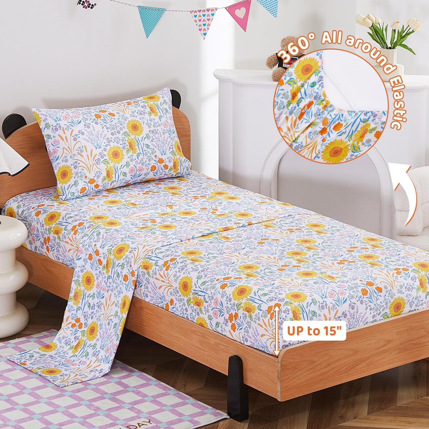 Viviland 3 Pieces Girls Floral Spring Twin Sheet Set - Soft Microfiber Fitted Flat Sheets & Pillowcase Bed Sheet Set - Summer Sunflower Print Bedding Sets for Kids