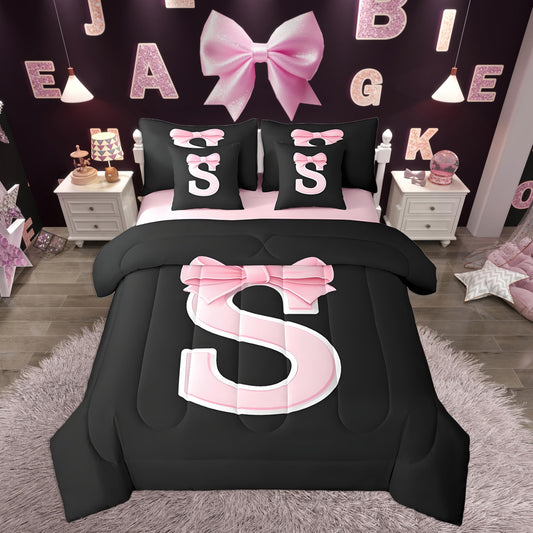jejeloiu Kawaii Pink Bow Twin Comforter Set with Sheets,Gifts for Women Teen Girl,Monogrammed 7 Piece Bedding Set,Soft Personalized Initial Letter S Bed in a Bag with Comforter,Sheets,Pillowcases