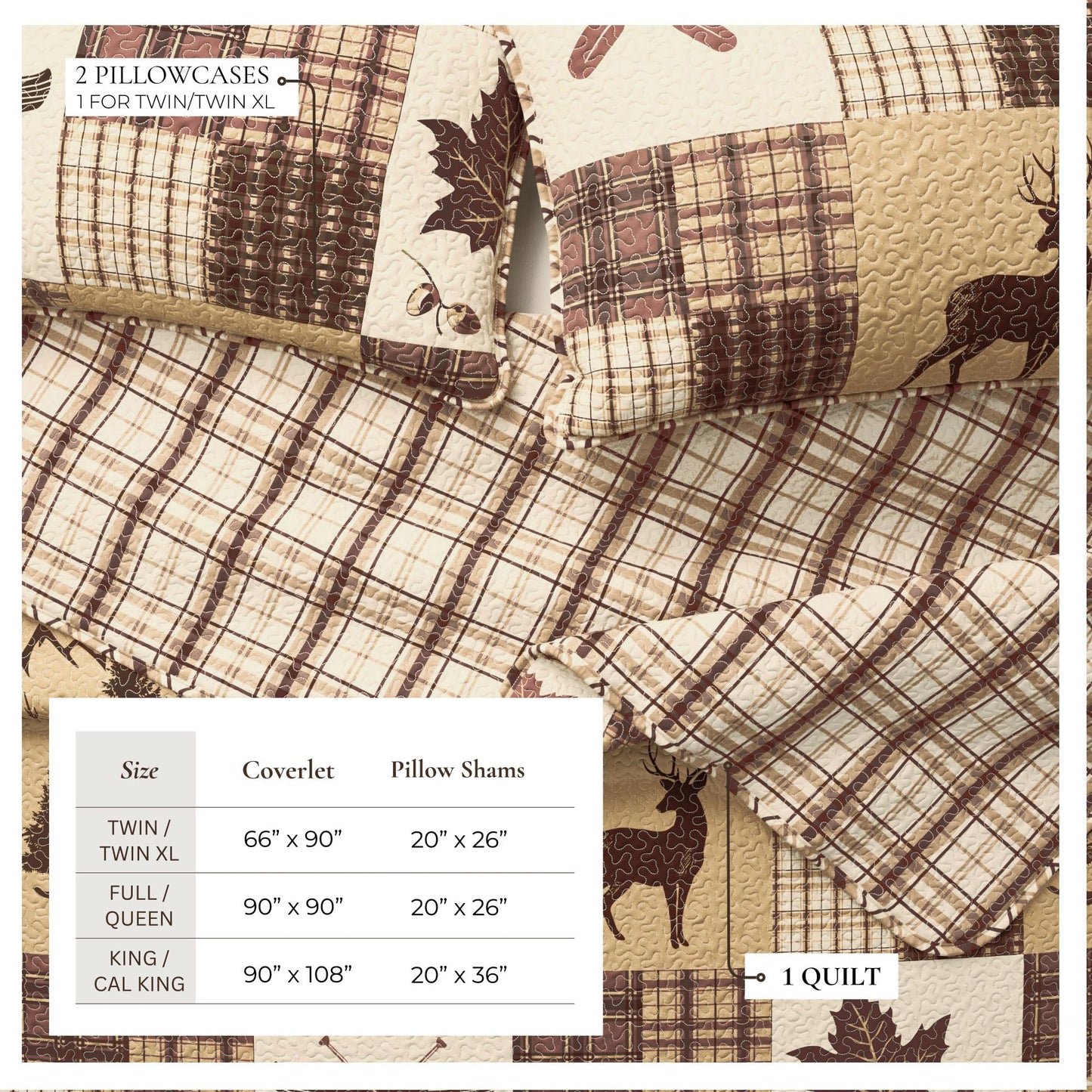 Great Bay Home Lodge Quilt Set - 3-Piece Full/Queen Size Rustic Bedding Set - Lightweight, All-Season, Reversible Bedspread (Deer & Leaf Patchwork)