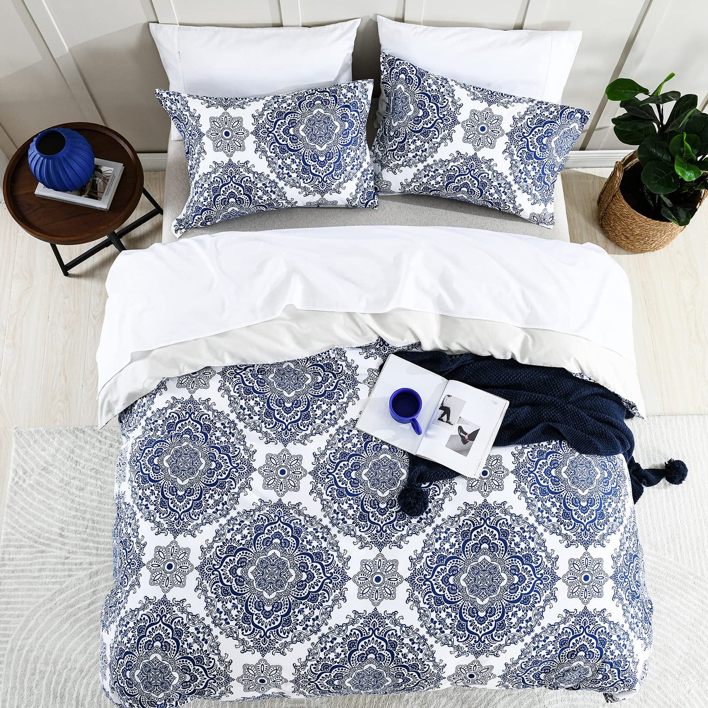 CozyDH 100% Cotton Home Damask Medallion Luxury Duvet Cover Set King Size Boho Paisley Print Bedding Set 400 Thread Count Prewashed Cotton Sateen Vibrant Bohemian Pattern (Royal Blue, King)
