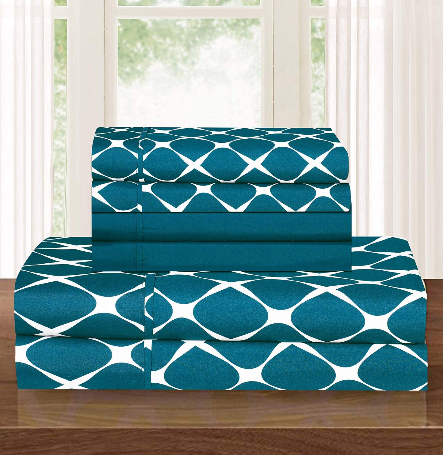 Elegant Comfort Luxury Softest and Coziest 6-Piece Bed Sheet Set, Wrinkle Resistant Milano Trellis Pattern-1500 Thread Count Egyptian Quality Microfiber Bedding Set, Queen, Teal