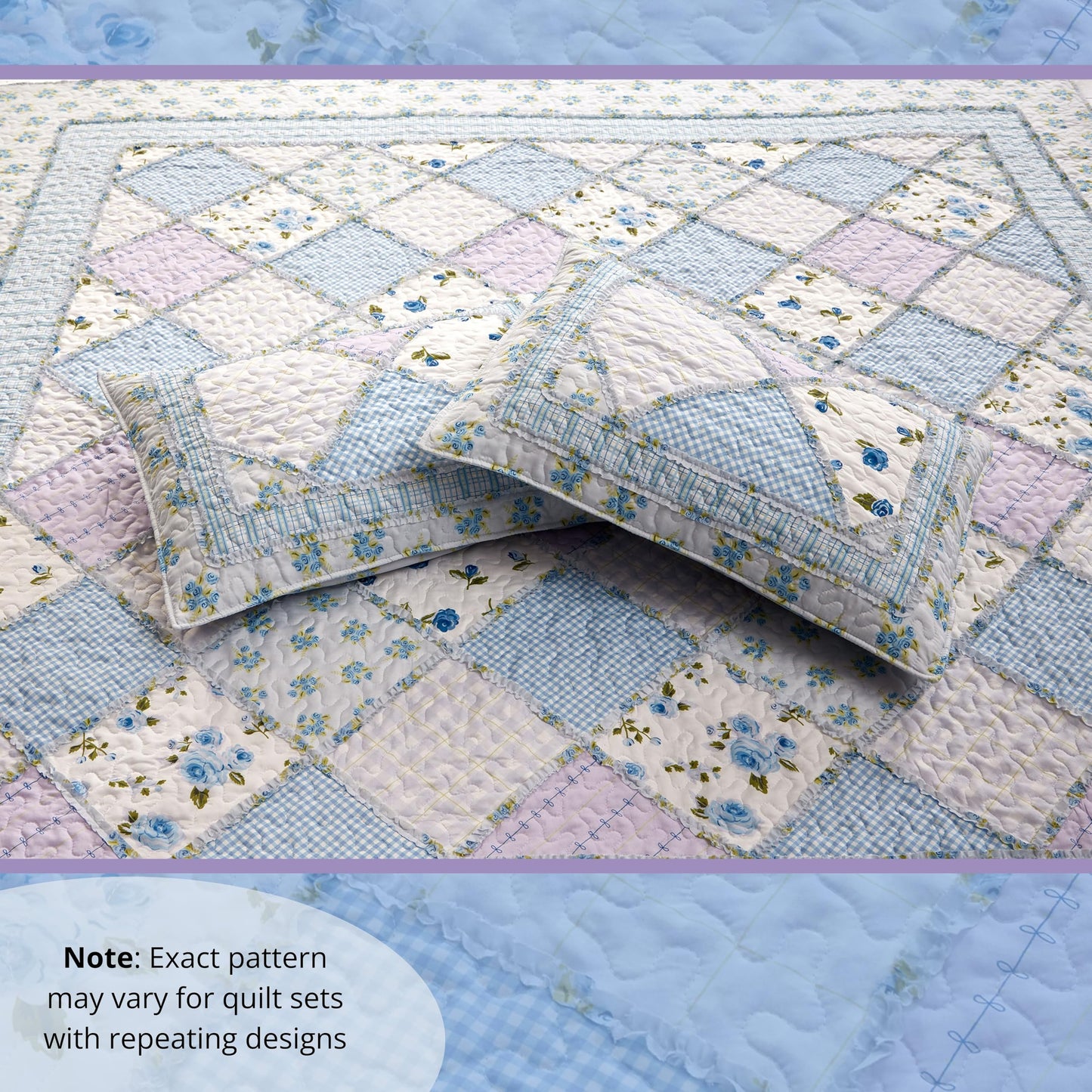 Virah Bella 3 Piece Full/Queen Lodge Quilt Bedding Set - Rustic Country Reversible Comforter Set with Decorative Pillow Shams - Garden of Blues