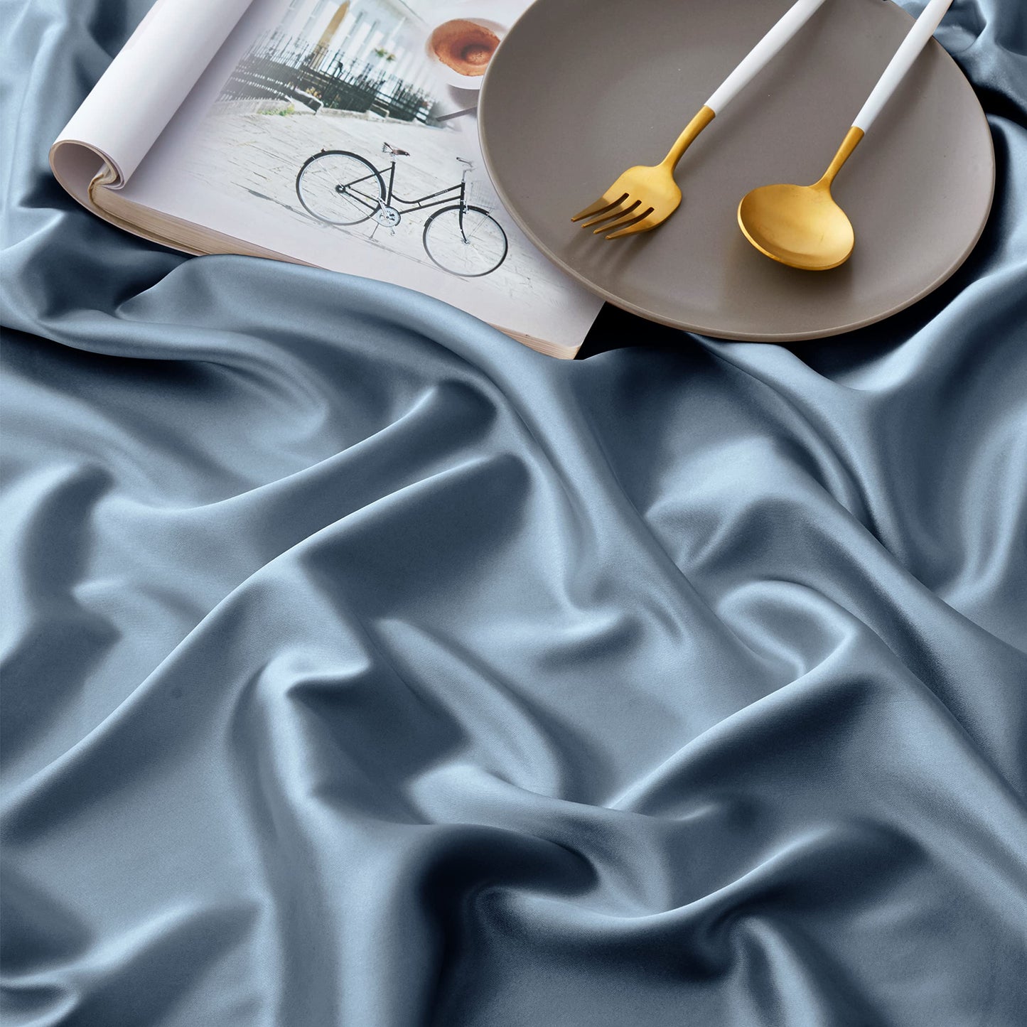 Horbaunal 4 Piece Satin Sheet Set Twin Size Luxury Silky & Soft Dusty Blue Satin Twin Bed Sheet Set with 16" Deep Pocket, 1 Fitted Sheet, 1 Flat Sheet, 2 Pillowcases