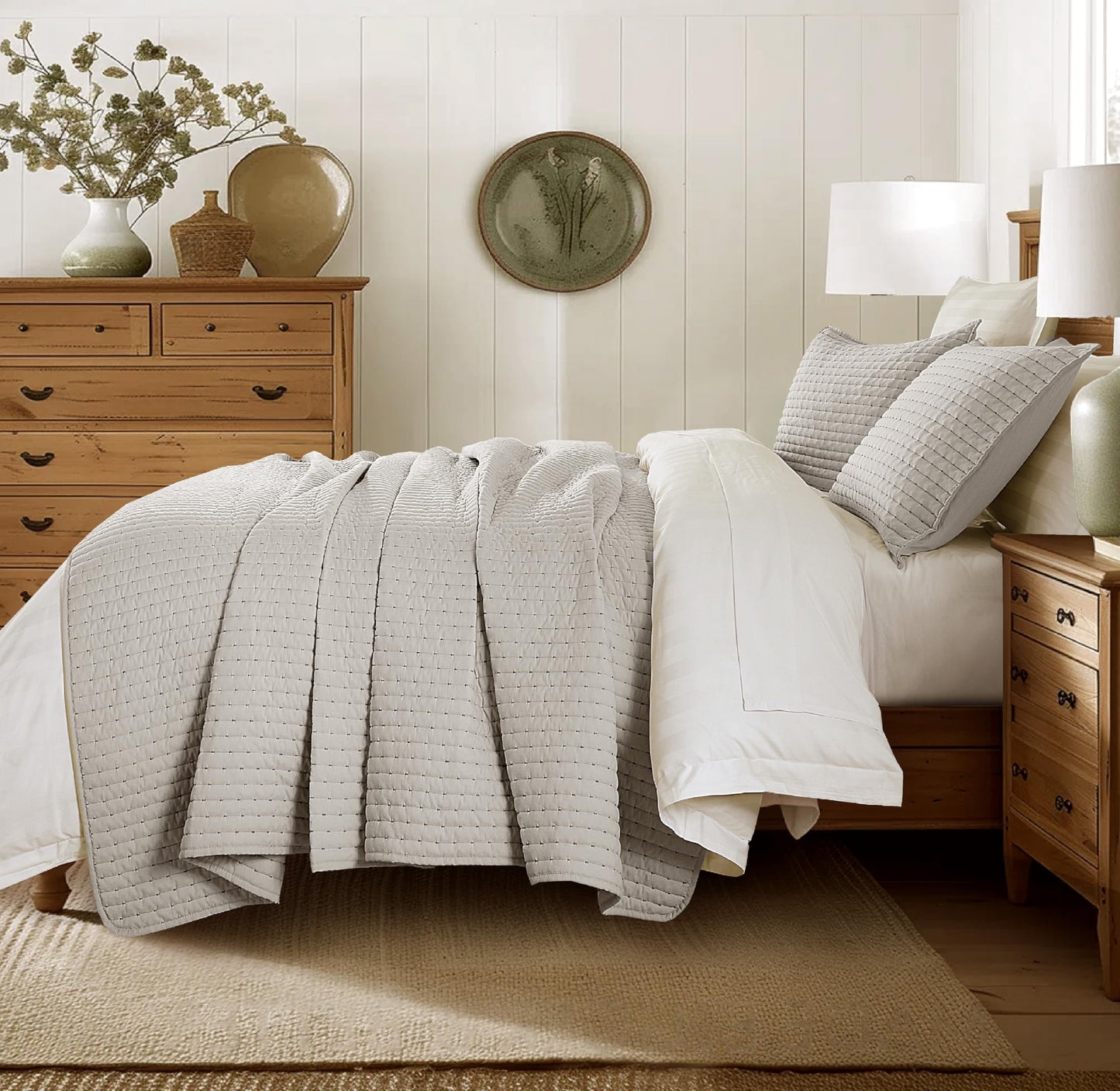 COOLXTRA Lightweight Quilted Bedspread Quilt Set, Pre-Washed Brushed Microfiber, Handmade-Look Stitching, All-Season Decorative Coverlet with 2 Pillow Shams, Oversized Queen, Grey
