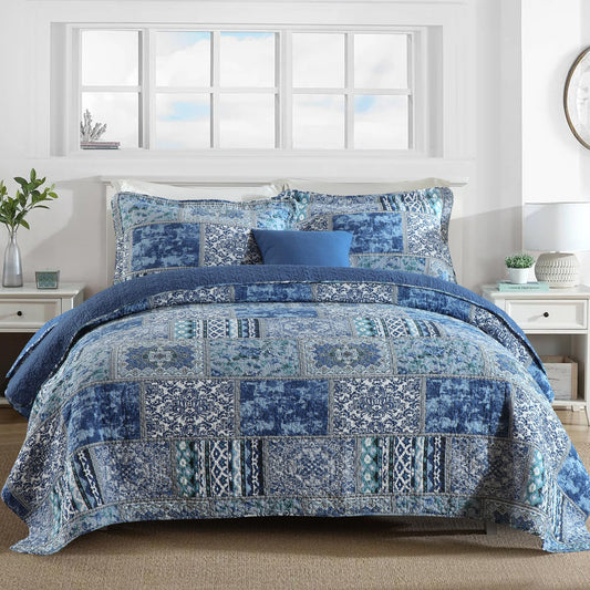 Etwel Cotton Patchwork Queen Size Quilt Set - Lightweight Breathable Reversible Bedspread for Hot Sleepers, Farmhouse Floral Bedding Set with 2 Pillow Shams for All Season (90"x98", Navy Blue)