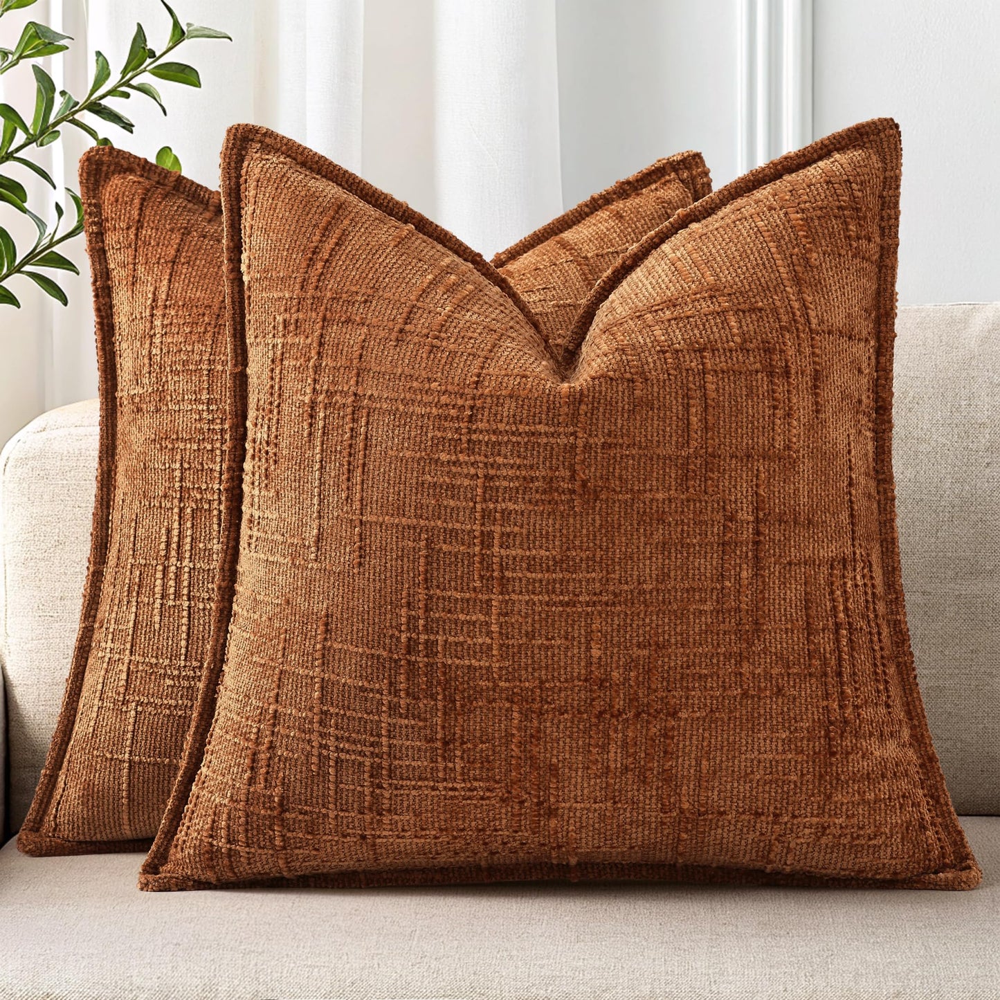 decorUhome Chenille Fall Throw Pillow Covers 20x20 Set of 2, Soft Textured Slubby Modern Decorative Pillow Covers with Elegant Design for Couch, Sofa, Living Room, Rust