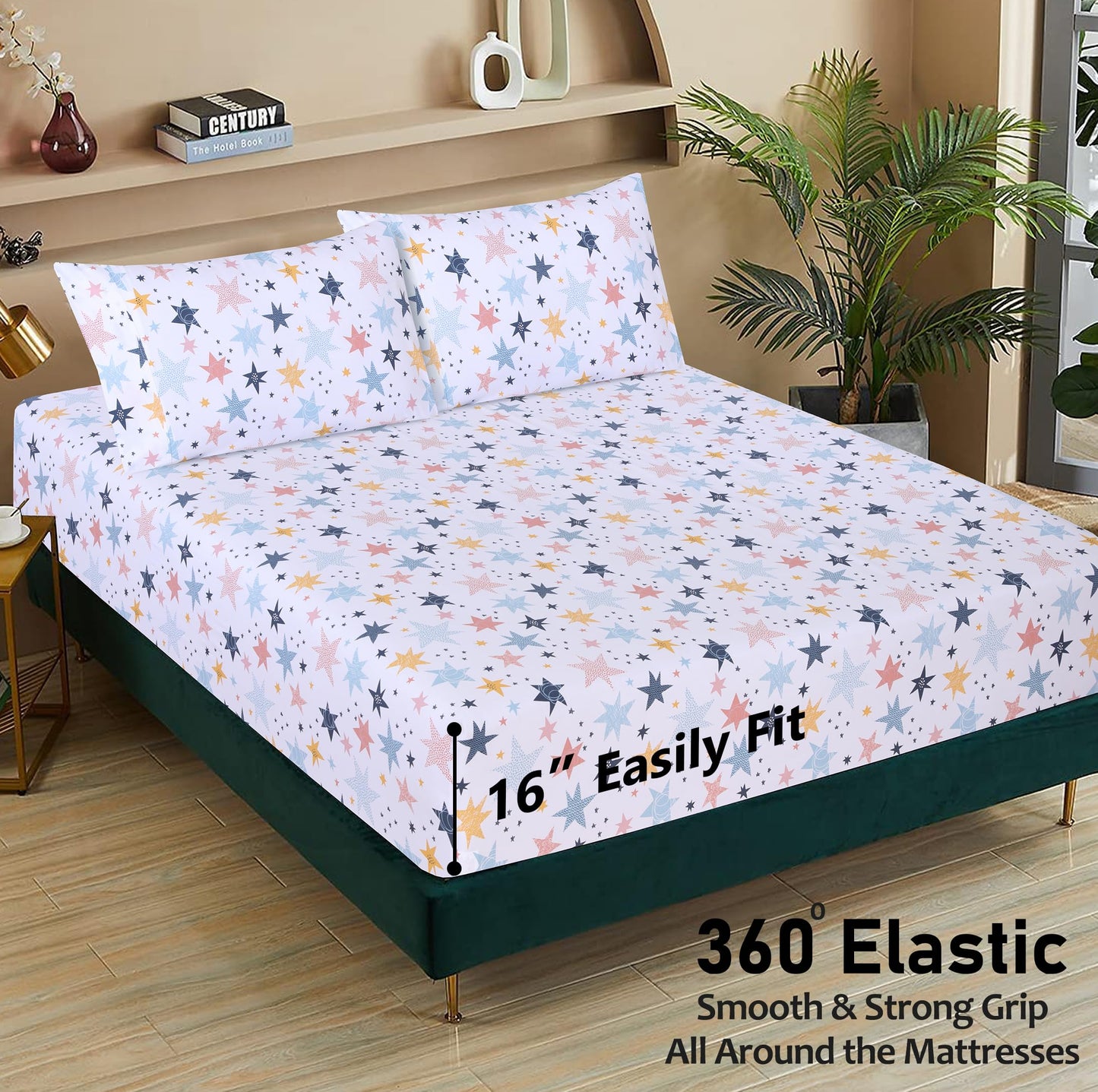 RUVANTI 100% Cotton Percale Sheets Queen Size – Crisp Cooling Bed Sheets for Hot Sleepers, Deep Pocket 16”, Soft Breathable & Durable Hotel-Style 4 Piece Set, Fault Star