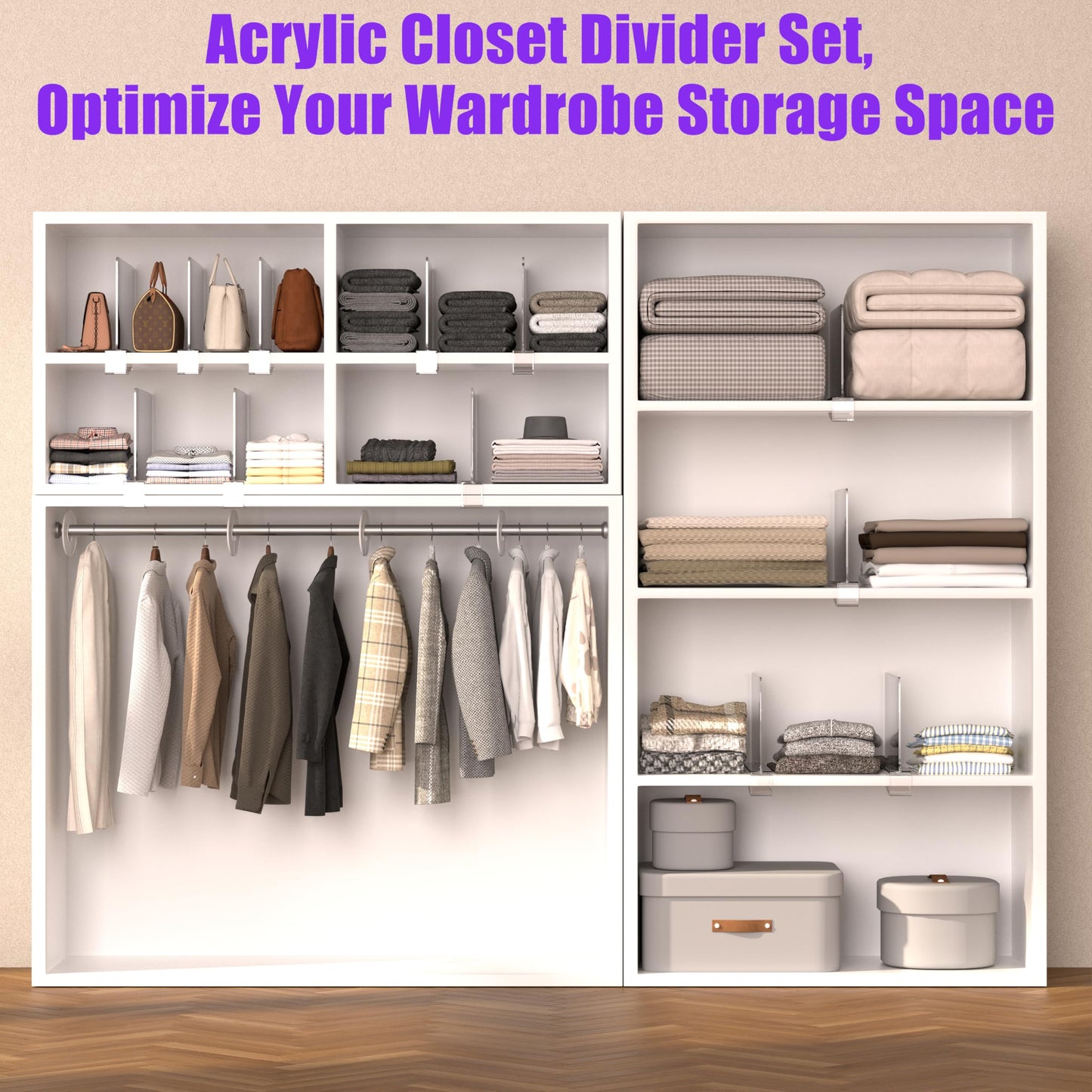 ZEUMIE 12 Pcs Acrylic Shelf Dividers for Closet Organization, Clear Closet Dividers for Wood Shelves, Closet Separators for Clothes Sweaters Shirts Handbags in Bedroom, with 10 Pcs Size Dividers