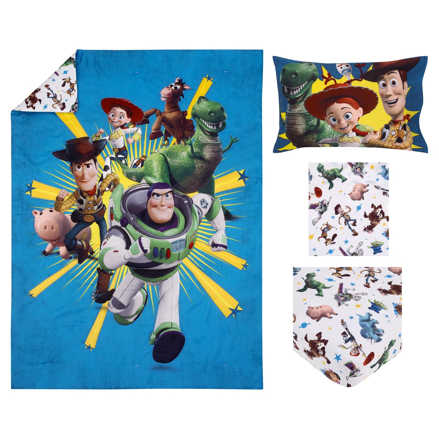 NoJo Disney Toy Story Taking Action Blue, Green and Yellow 4 Piece Toddler Bed Set - Comforter, Fitted Bottom Sheet, Flat Top Sheet, and Reversible Pillowcase
