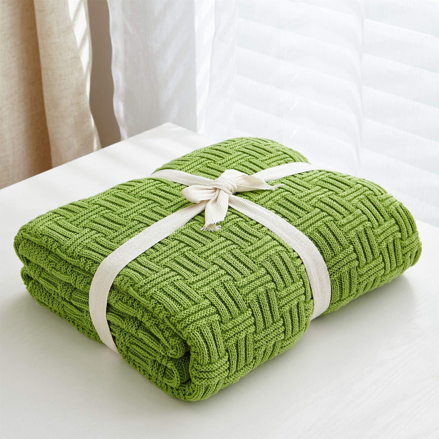 Longhui bedding Cotton Cable Green Knit Throw Blanket for Couch Chairs Bed Beach, Home Decorative Throws Blankets, 50 x 60 Inch, 2.2lb