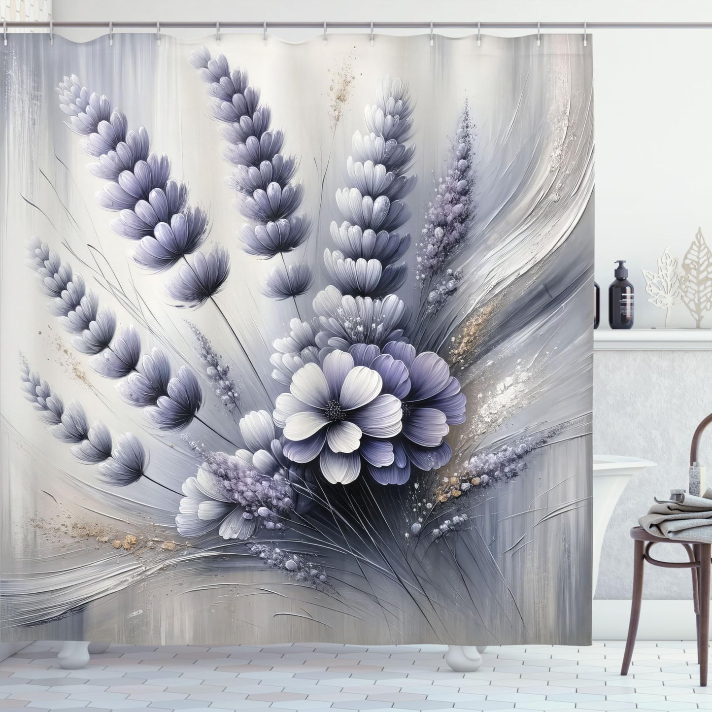 Ambesonne Lavender Shower Curtain, Gentle Illustration of Purplish Petal Floral with Oil Paint Look Backdrop, Cloth Fabric Bathroom Decor Set with Hooks, 69" W x 70" L, Ceil Blue Pale Grey