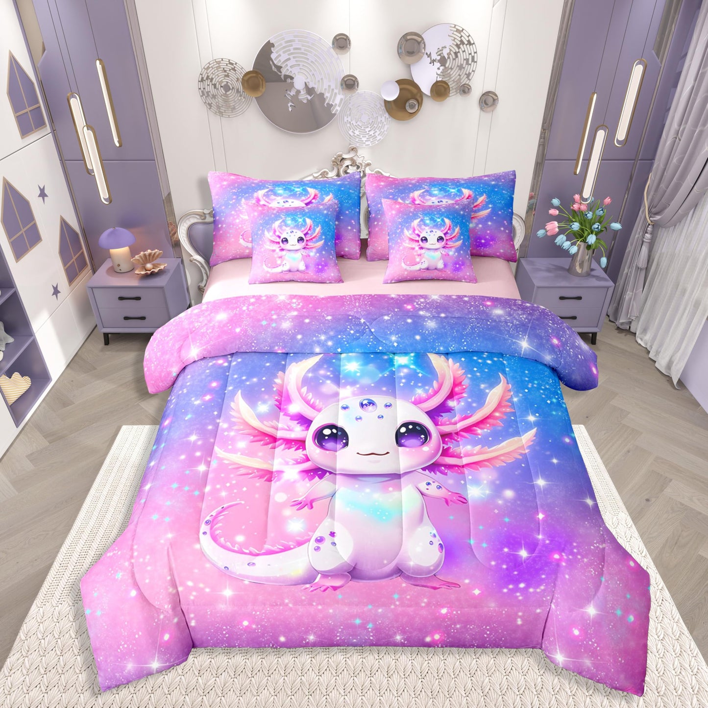 Erosebridal Kids Rainbow Axolotl Queen Comforter Set Teen Girl Cute Axolotl Bed in a Bag with Flat and Fitted Sheet Kawaii Coastal Ocean Animal 7-Piece Bedding Set Colorful Salamander Quilt Duvet Sets