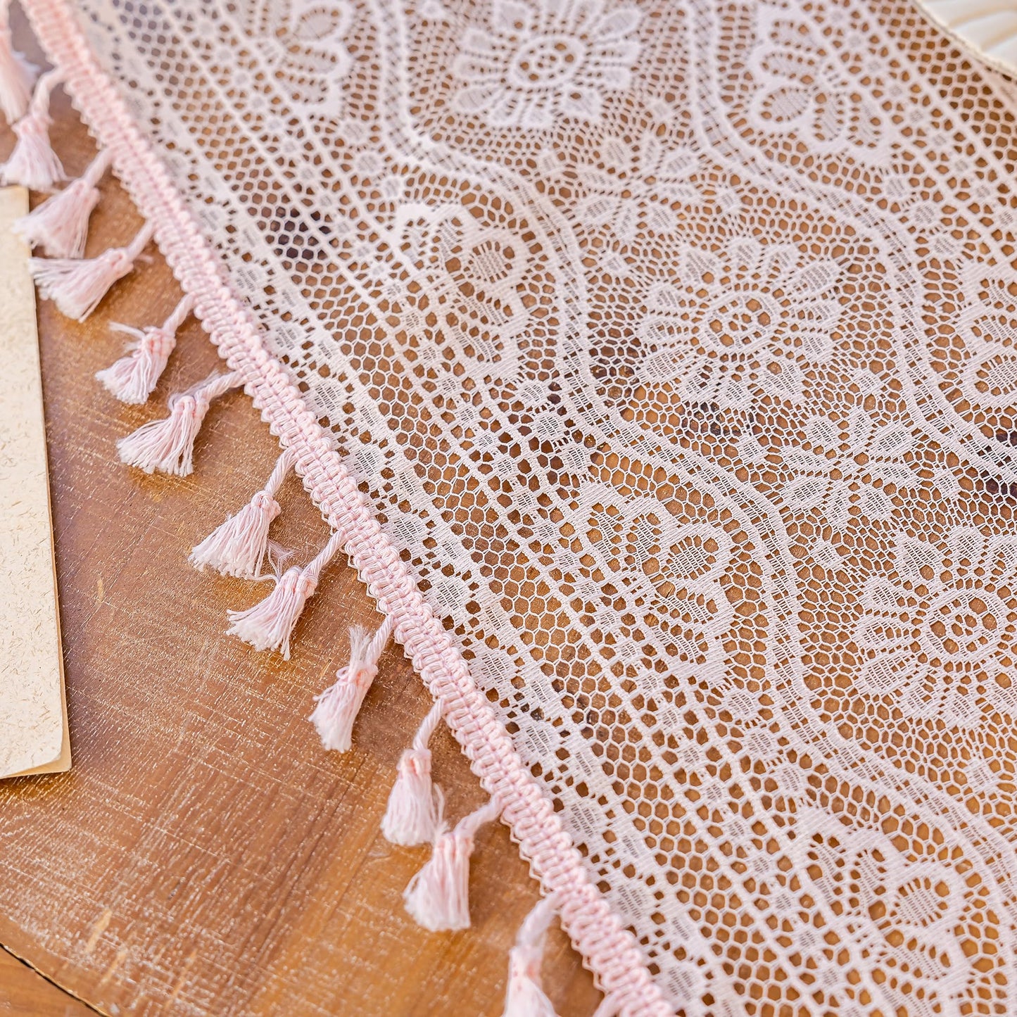 MYSKY HOME Pink Sheer Lace Curtains 2 Panels 90 inch Length for Girls Room Nursery Boho Vintage Floral Crochet Pattern Privacy Rod Pocket Tassels Small Windows Curtains, Wide 55 inch, 2 PCs