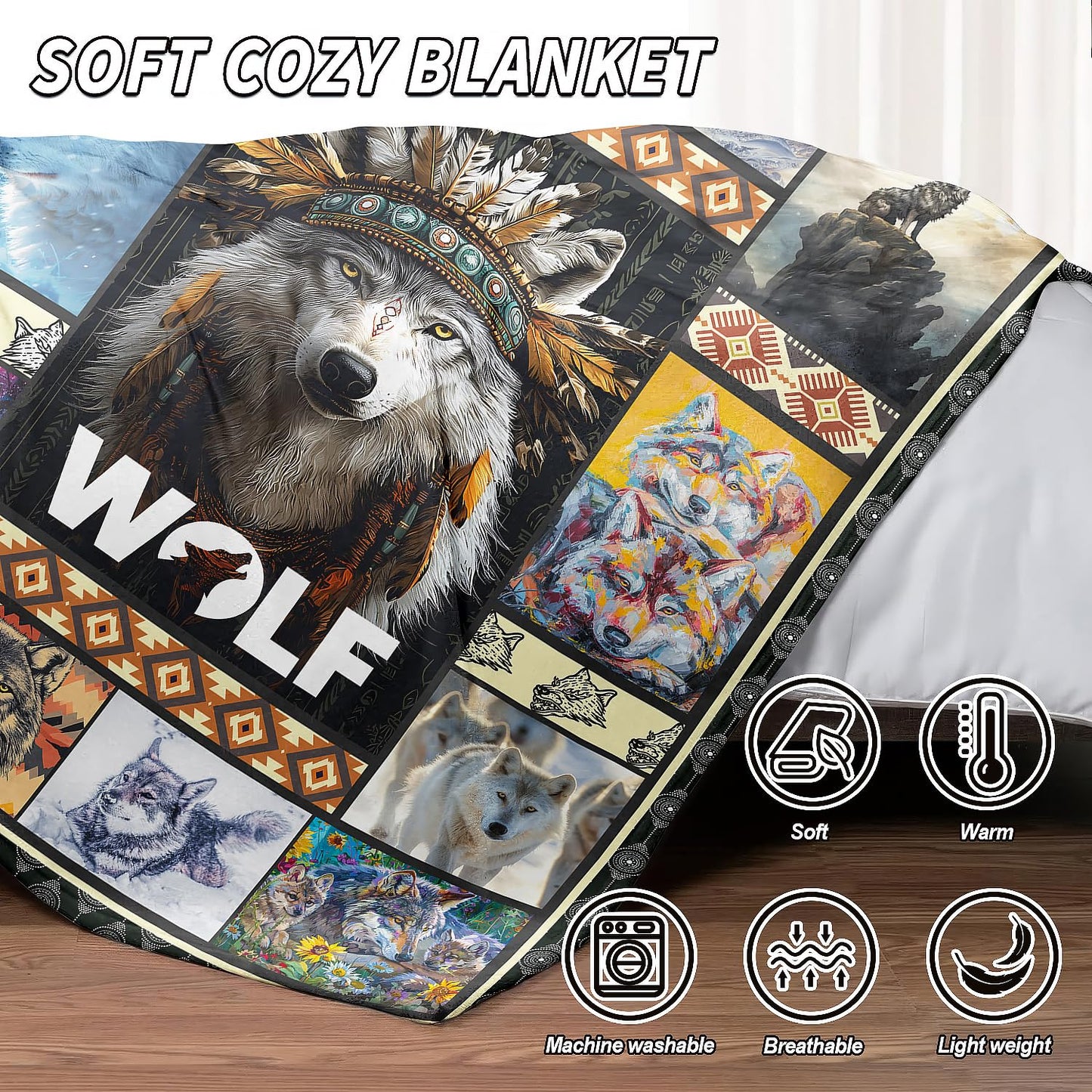 XSMEI Wolf Throw Blanket, Wild Animal Tribal Design, Soft Cozy Fleece Blanket for Couch Bed, 60 x 80 Inches