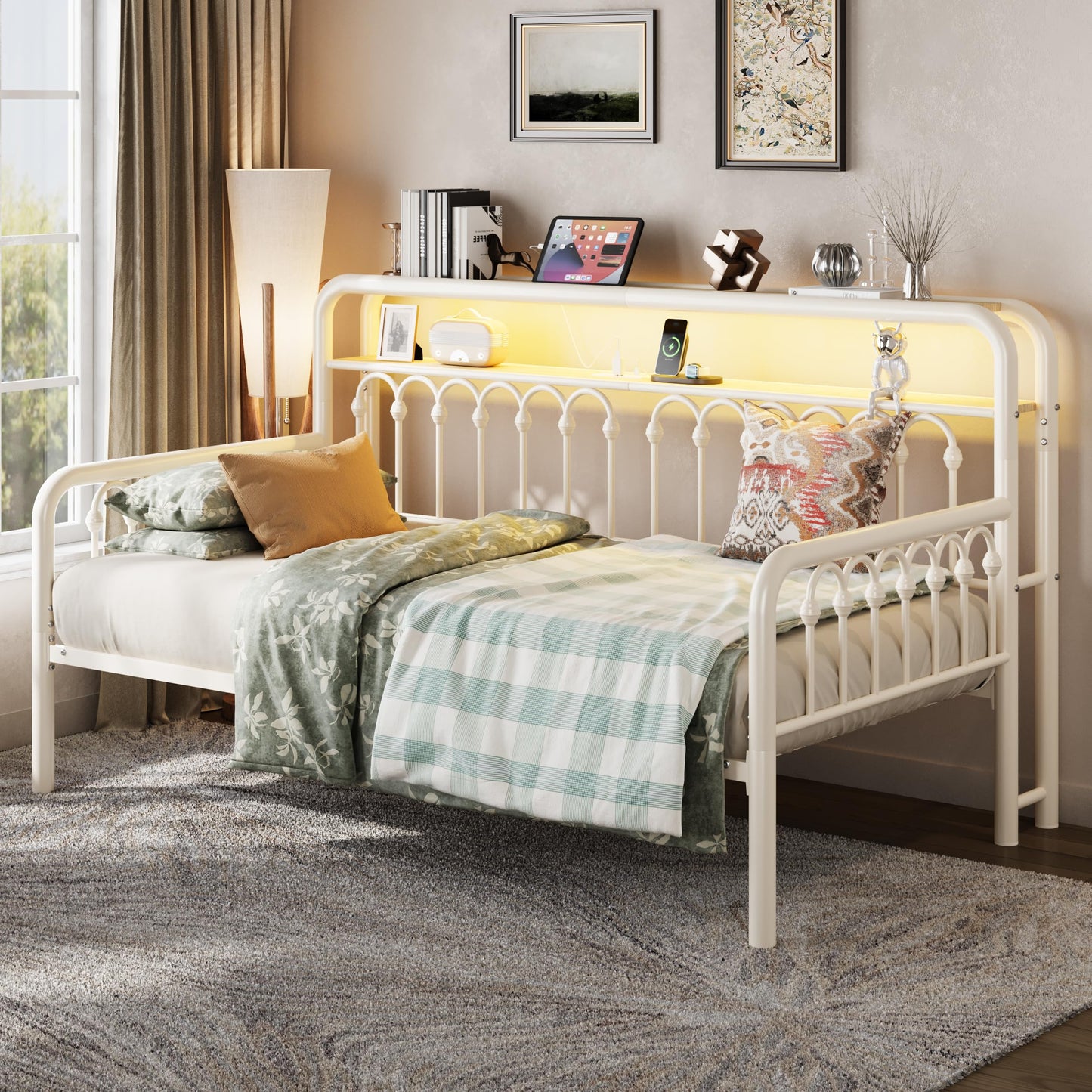 SHA CERLIN Twin Size Daybed, Metal Sofa Bed Frame with Double-Layer Storage Headboard, LED Lighting & USB Charging Ports, Steel Slat Support, White, for Living Room/Guest Room