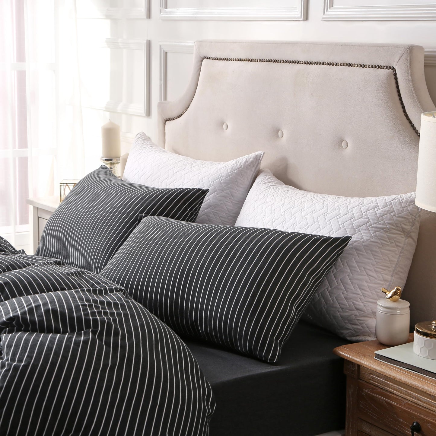 PURE ERA Jersey Knit Duvet Cover Set 100% T-Shirt Heather Cotton Super Soft Comfy Classic Striped Design, with Zipper Closure, Black & White Pinstripe, King