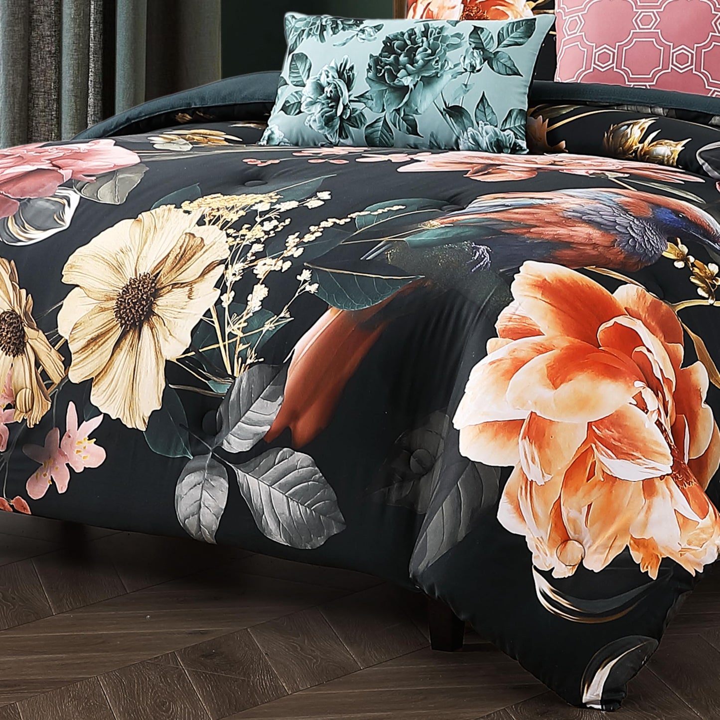 Bebejan Botanical Birds 5 Piece Comforter Set, 100% Cotton Sateen, 220 Thread Count, Black Reversible Bedding Comforter Set, 1 Comforter, 2 Shams & 2 Pillows (King/Cal King)