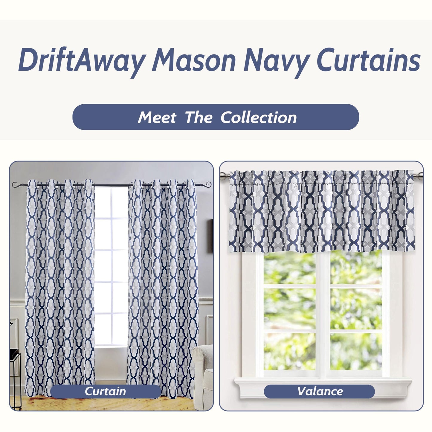DriftAway Mason Blackout Valances for Windows Thermal Insulated Kitchen Topper Geometric Moroccan Mid Century Pattern Match Thick Bathroom Curtain Valance Rod Pocket 52 Inch by 14 Inch Navy