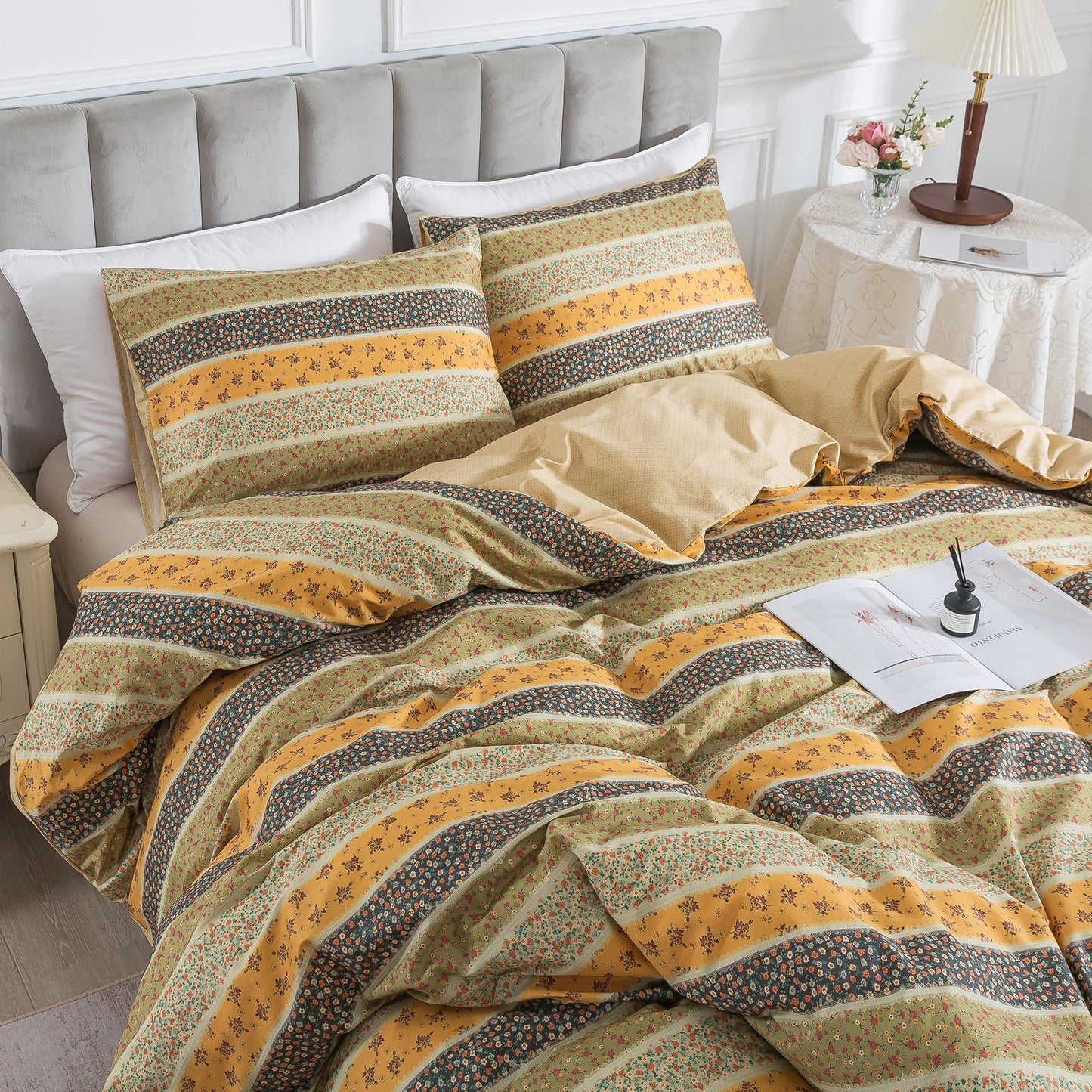 HoneiLife Floral Duvet Cover King - 100% Cotton Comforter Cover, Soft & Breathable Bed Linen Sets 3-Piece, All Season Comforter Cover Sets for King Bed