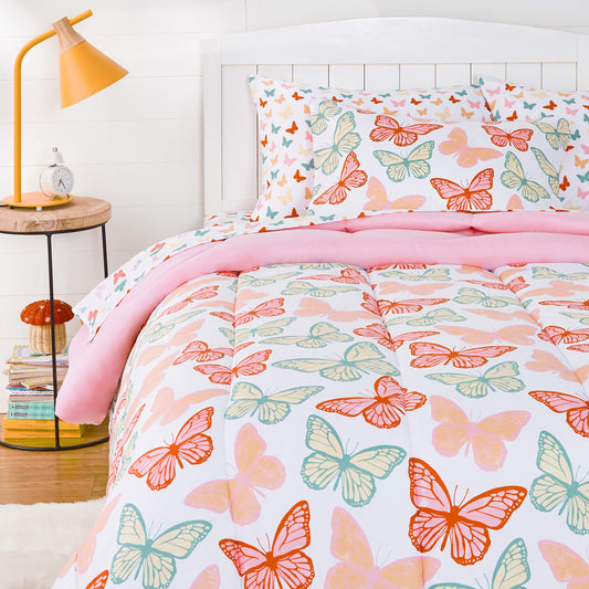 Amazon Basics 5-Piece Soft Microfiber Kid's Bed-in-a-Bag Bedding Set with Comforter, Sheets, Sham and Pillowcase, Twin, Butterfly Friends
