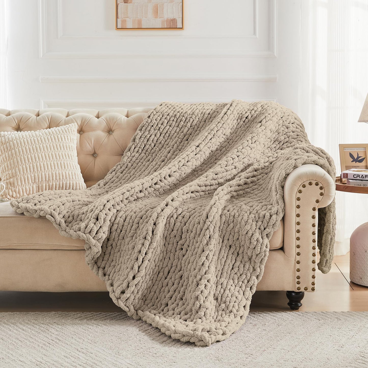 Carriediosa Chunky Knit Throw Blanket 50" X 60", 100% Hand Made Large Chenille Loop Yarn Soft Fluffy Throws for Couch Sofa Bed, Big Crochet Cozy Heavy Thick Cable Woven Blankets, Taupe