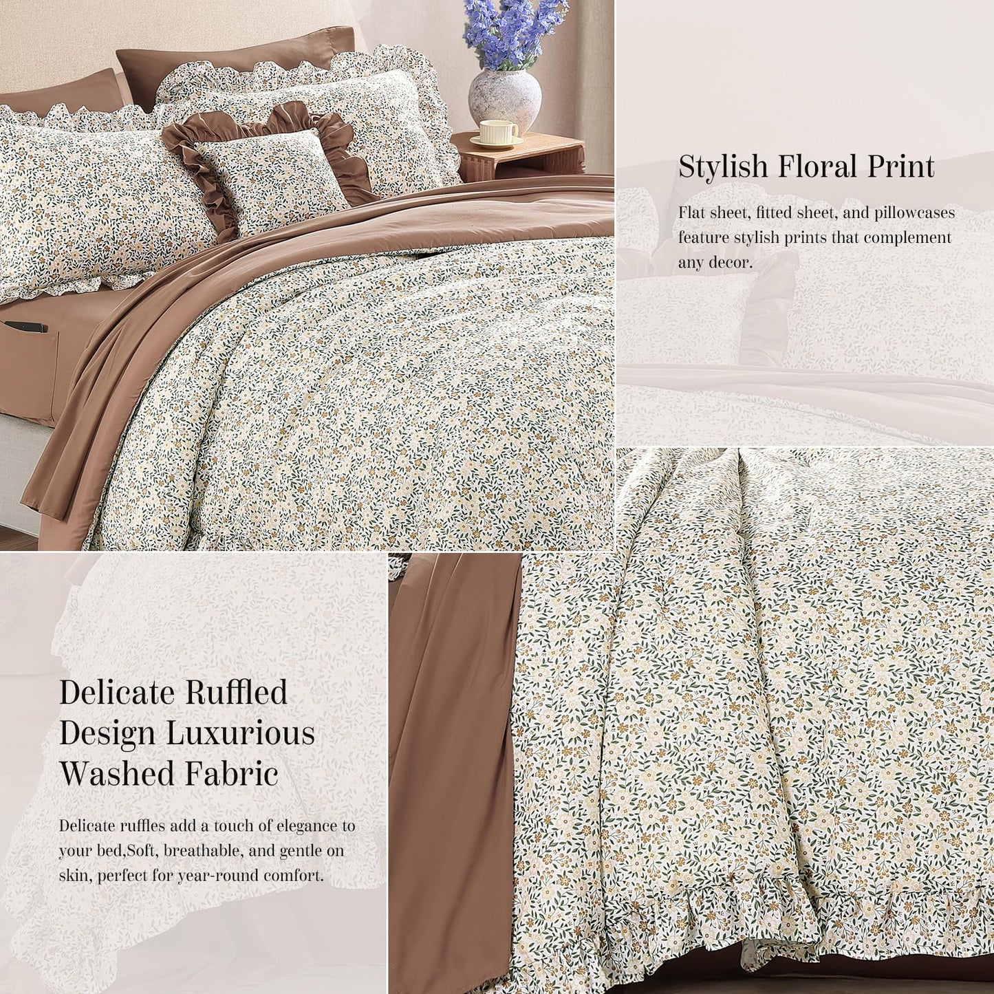 BLOOMHAVEN Queen Comforter Set - 7 Pieces Ruffle Beige Ditzy Bedding Sets, Shabby Chic Farmhouse Bed in a Bag Queen with Floral Comforter,Sheets, Pillowcases & Shams