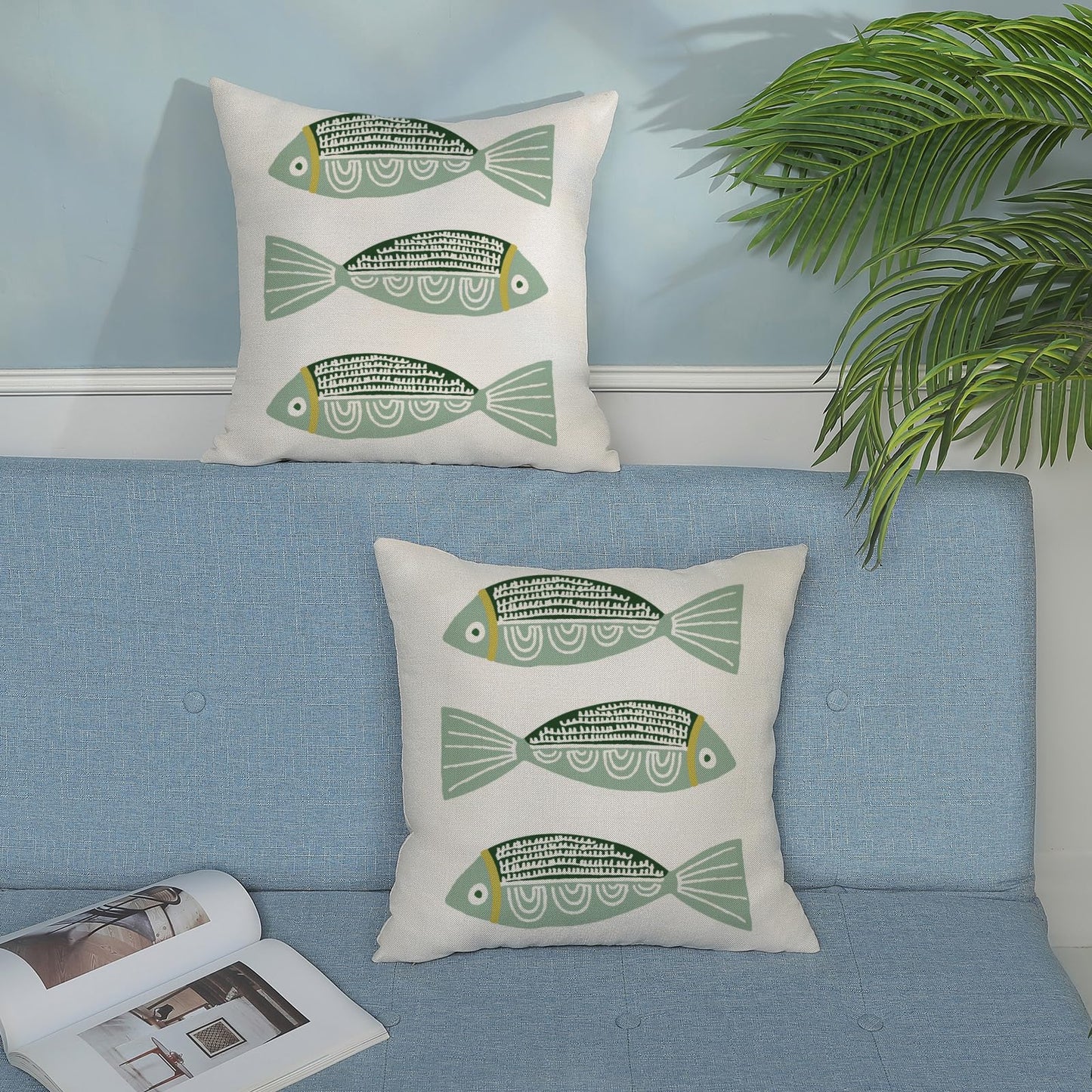 OFIRD Coastal Pillow Covers 18 x 18 Inch Set of 2,Ocean Beach Green Fish Throw Pillows Summer Nautical Outdoor Decorative Pillow Cases Square Farmhouse Cushion Case for Couch Sofa Decoration