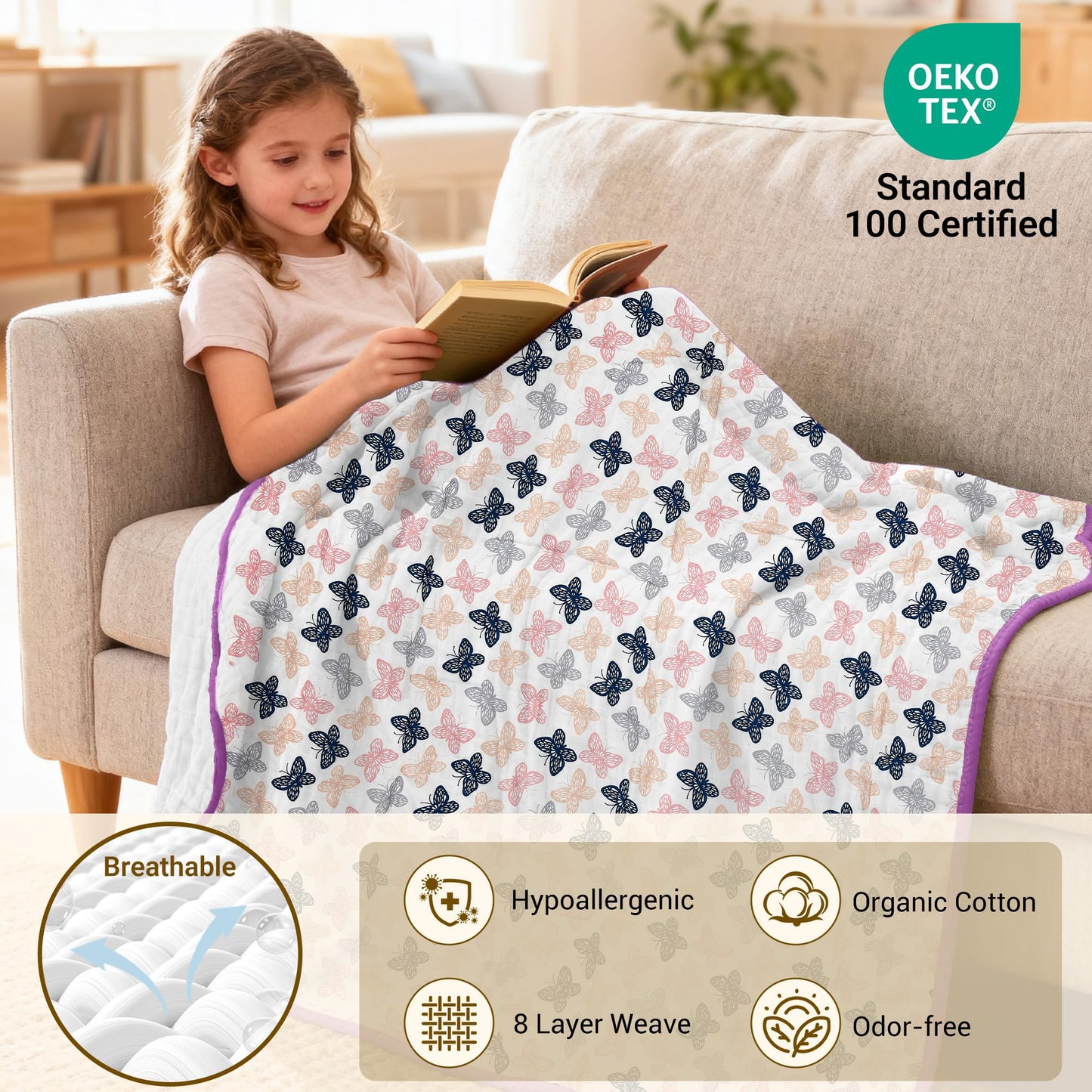 ZPECC Muslin Toddler Blanket Thicker, 47x47 Organic Cotton Kids Quilt Hypoallergenic for Baby Essentials Crib Stroller Daycare Cot, Butterfly