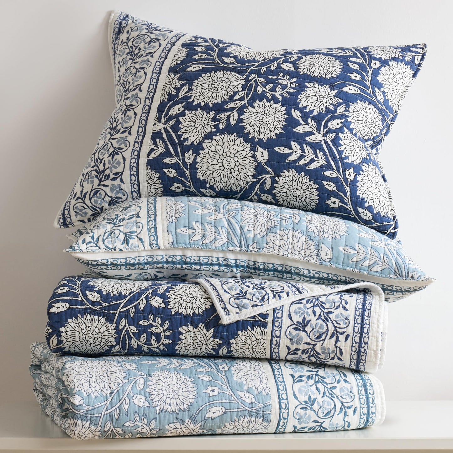Levtex Home Adare Denim Reversible King/Cal King Quilt Set (106x92in) with 2 Pillow Shams (36x20in) - Floral Bedding - Blue White - Cotton King Size Quilt Bedding Set - Lightweight, Soft, Pre-Washed