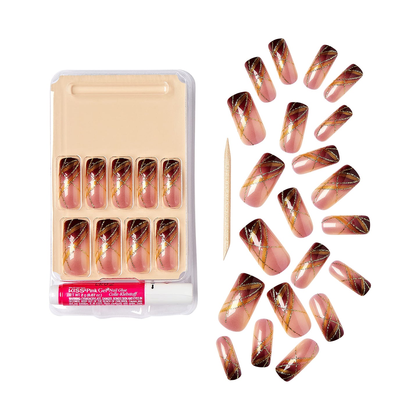 KISS Goldfinger Gel Glam Press on Nail Dark Brown Glitter French Full Cover Luxurious Design, Square Shape, Medium Length, Mini Glue Included GF64